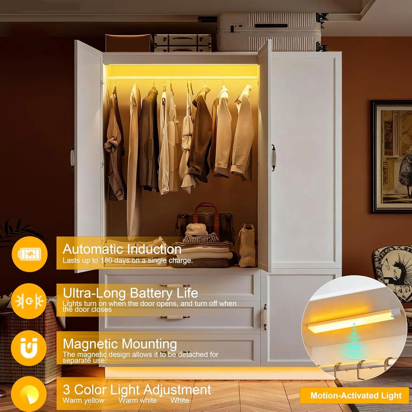 Wooden Armoire Wardrobe With LED Lighting And 3 Drawers