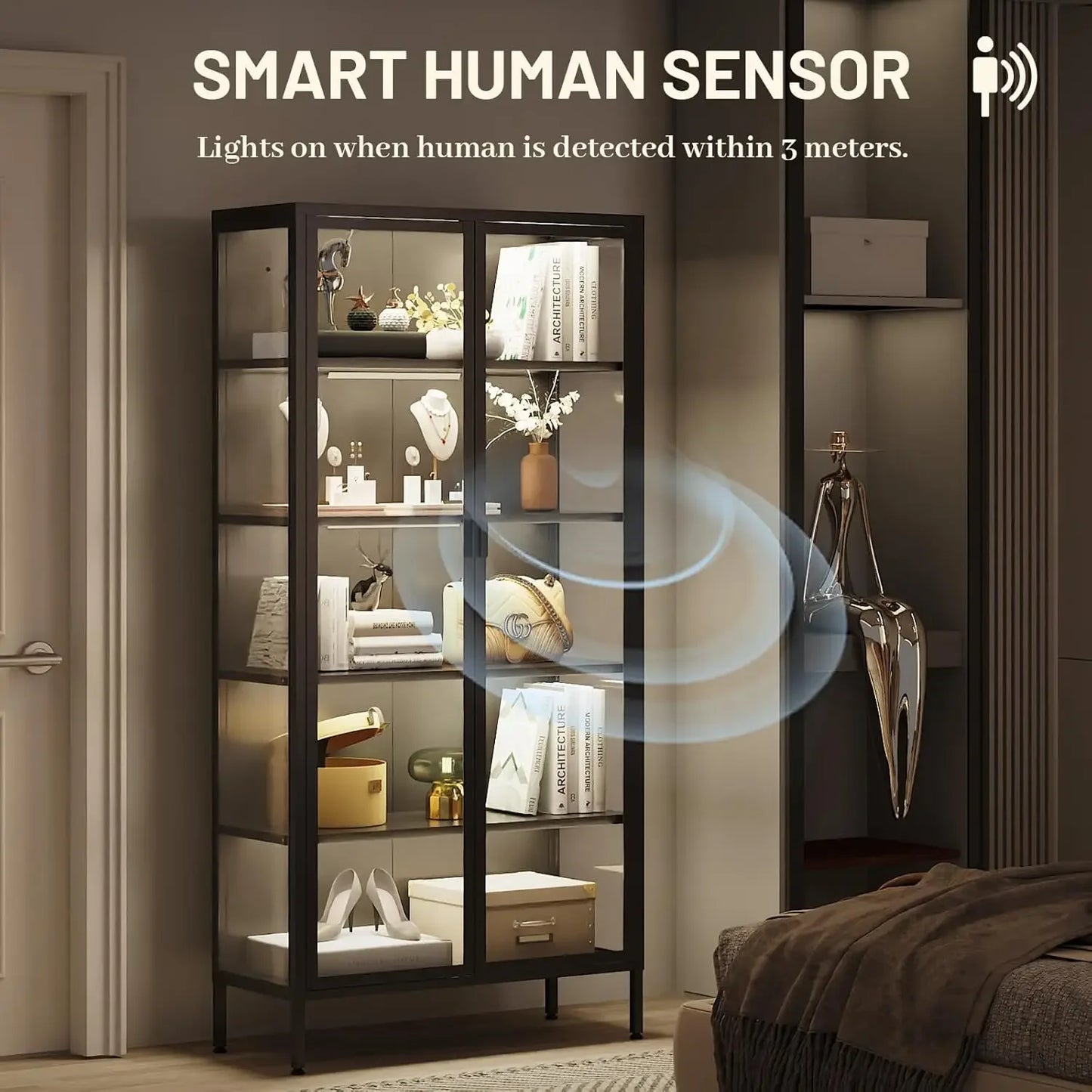 Glass Display Cabinet With LED Lights And Adjustable Shelves