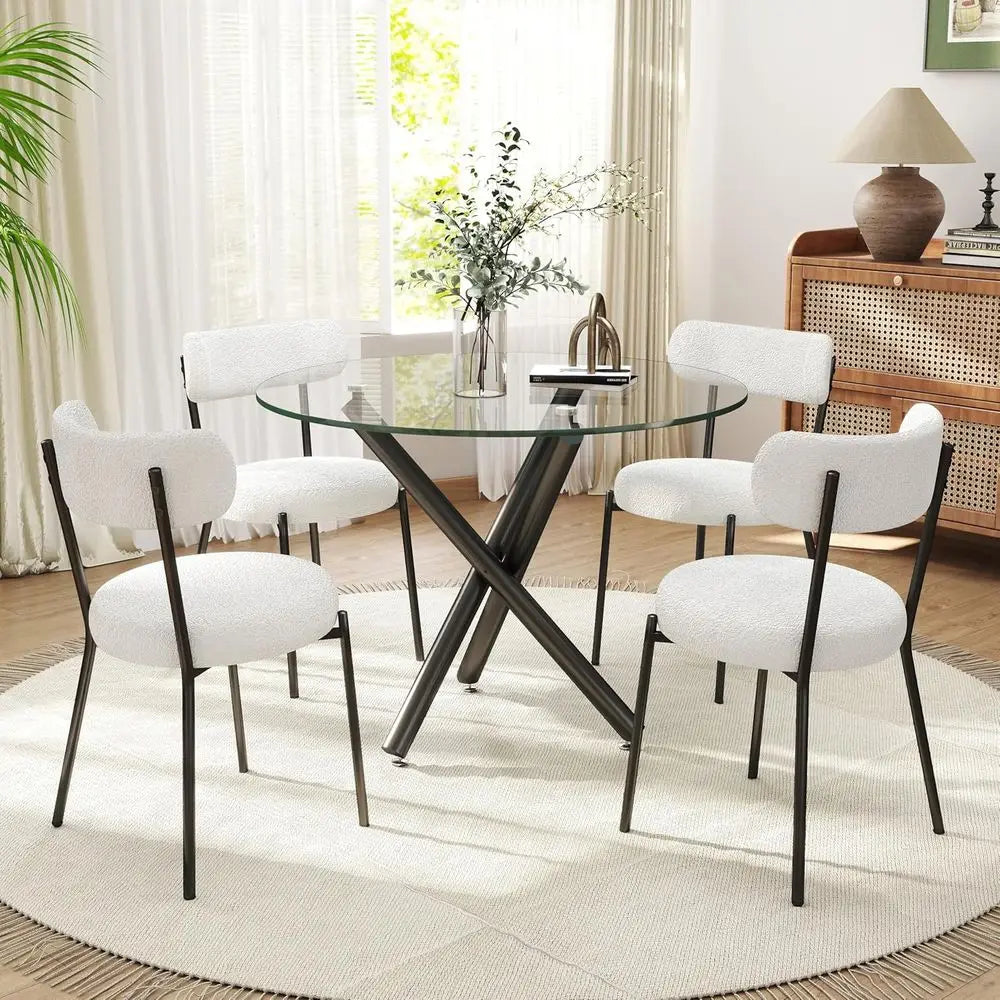 Round Glass Dining Table Set With Boucle Upholstered Chairs 5 Piece