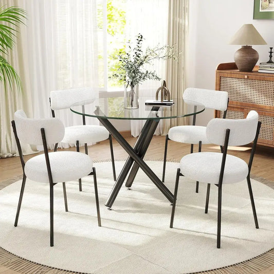 Round Glass Dining Table Set With Boucle Upholstered Chairs 5 Piece