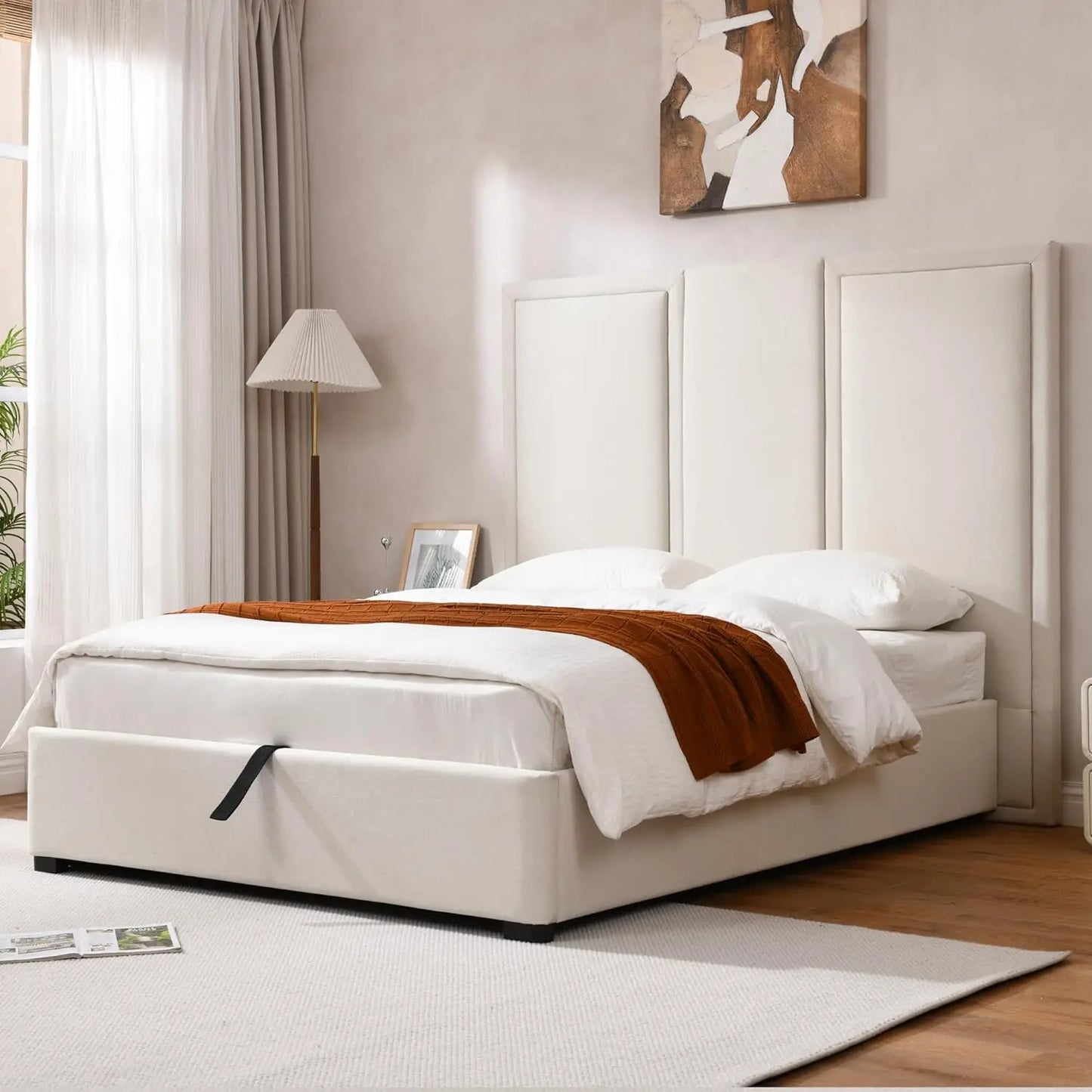 Queen Linen Upholstered Platform Bed With Storage Drawers