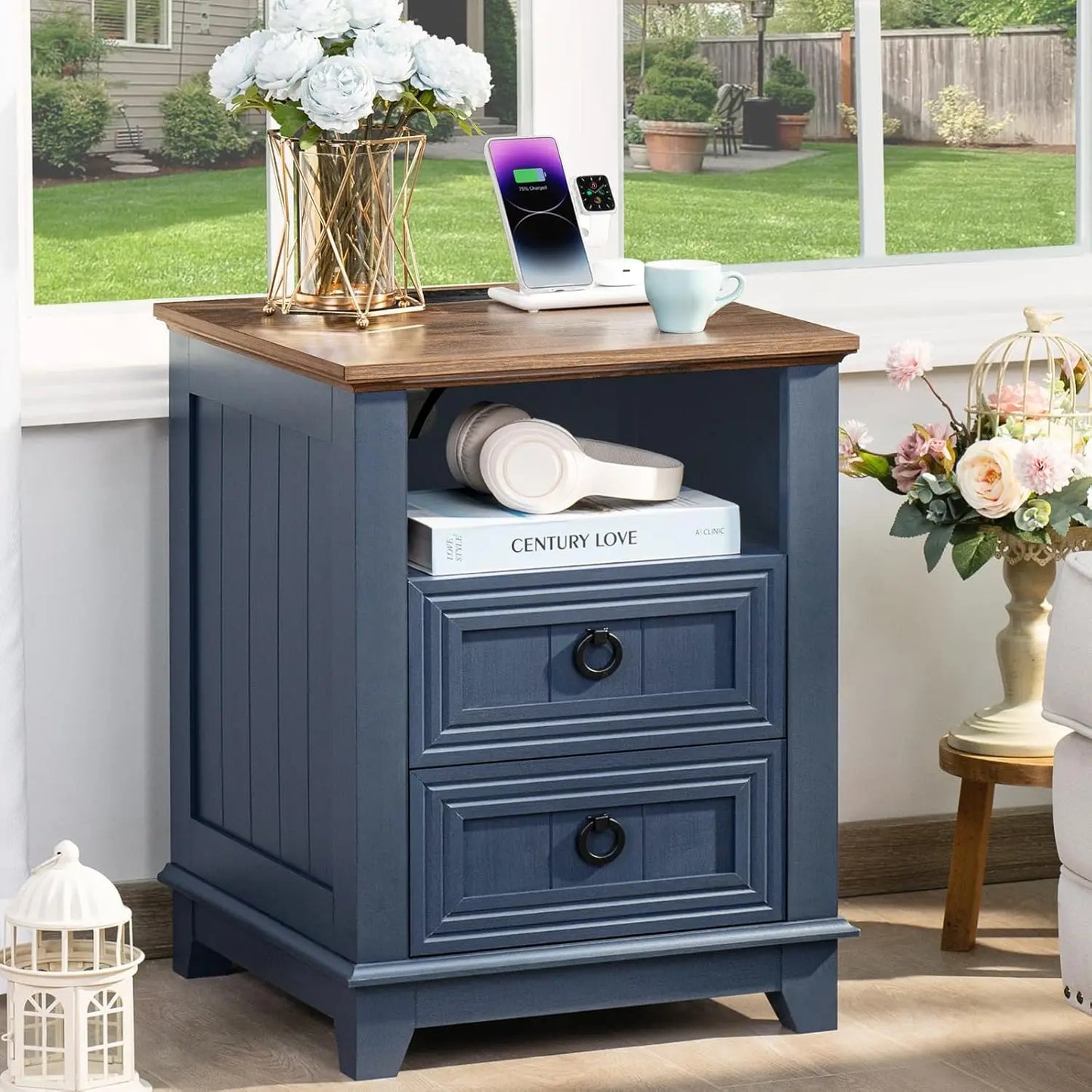 Farmhouse Night Stands Set 2 With Charging Station And Drawers