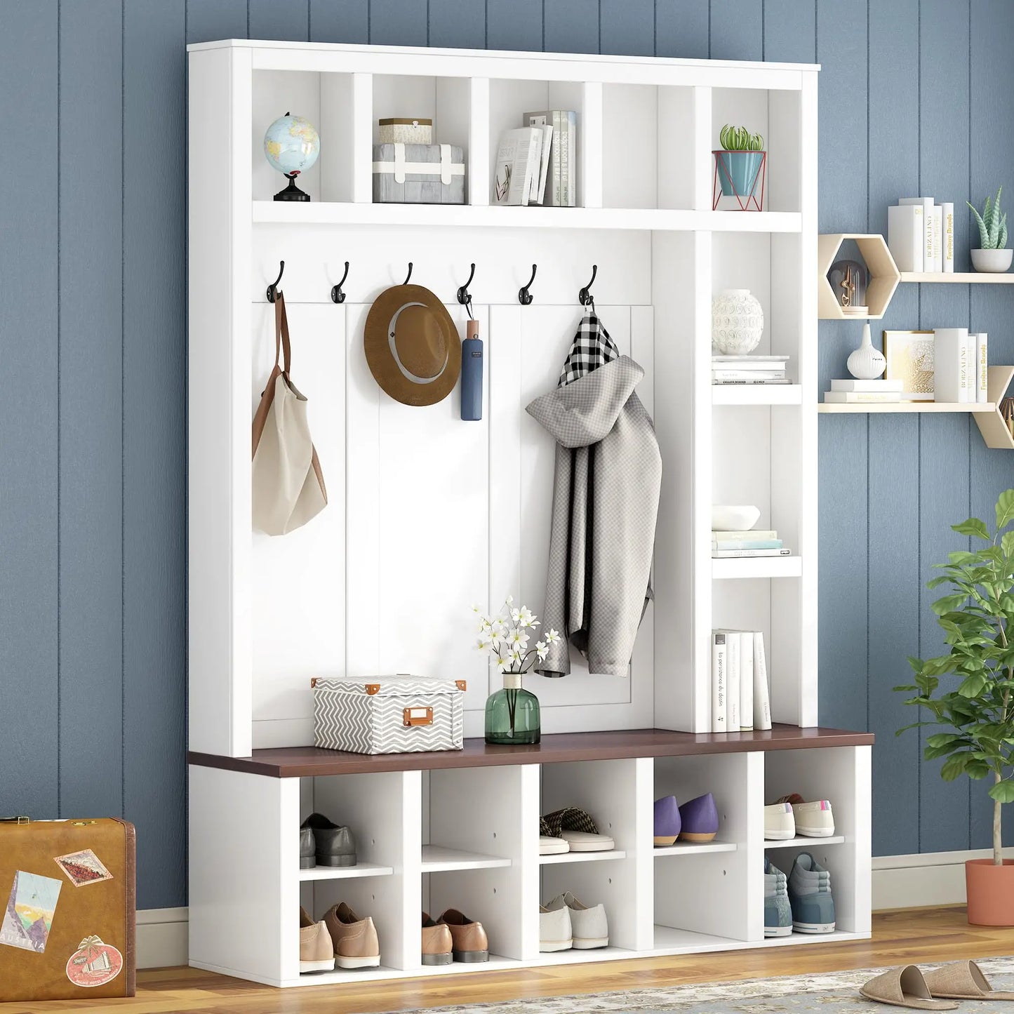 Farmhouse Style Hall Tree With 6 Hooks Entryway Bench Shoe Organizer With Open Compartments White