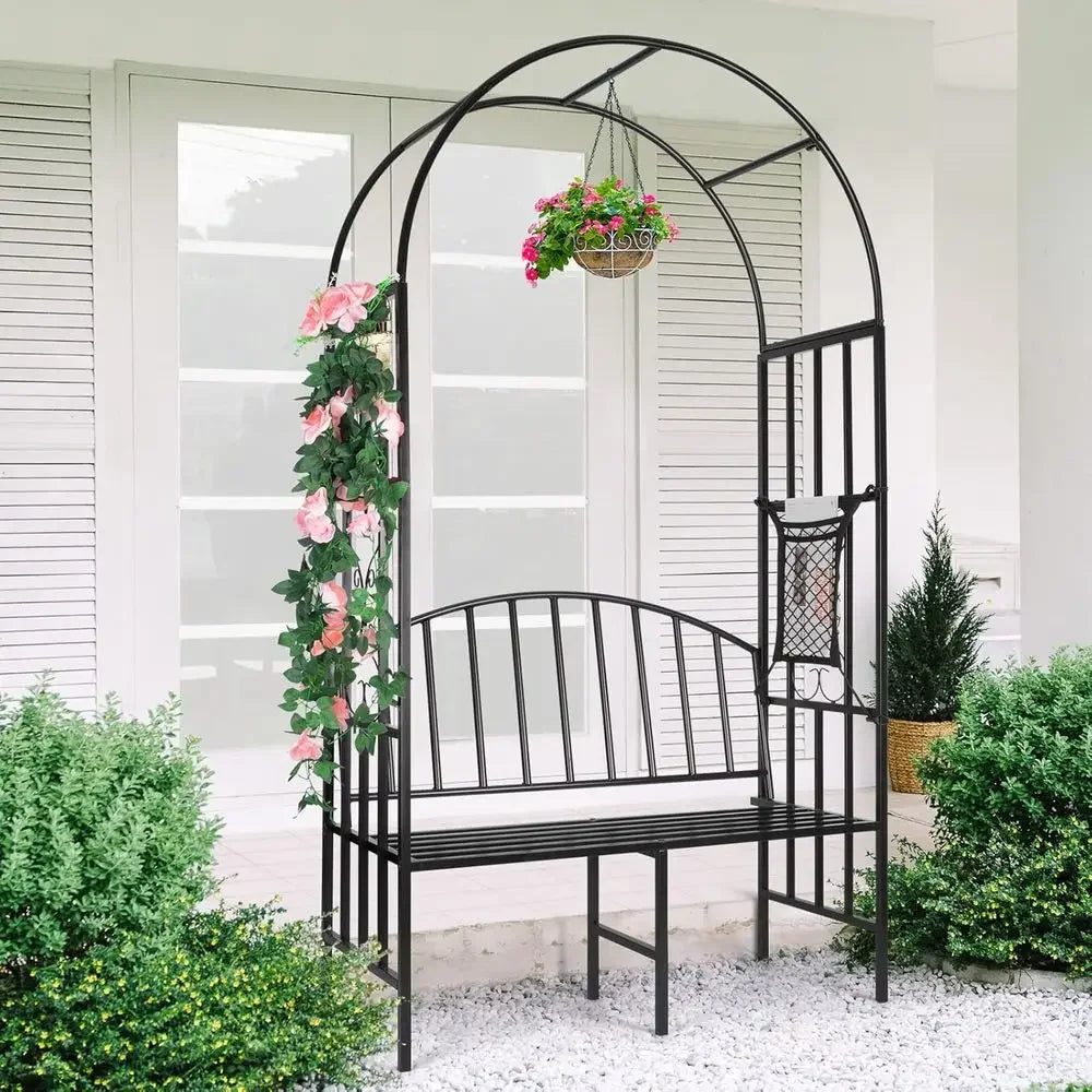 Metal Garden Arch With Bench For Climbing Plants And Seating