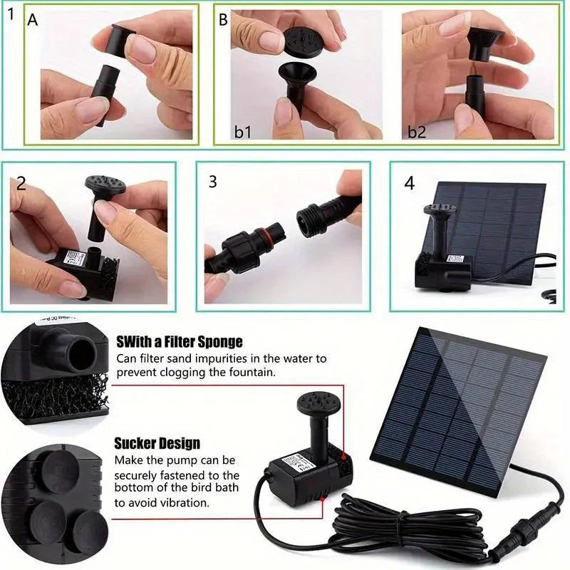 Solar Fountain Pump With 6 Nozzles And 1.4W Solar Panel