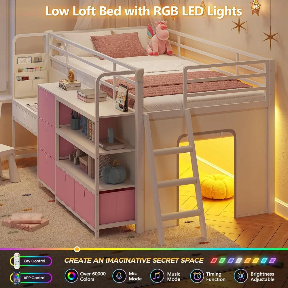 Kids Low Loft Bed With Desk Led Lights Storage Drawers