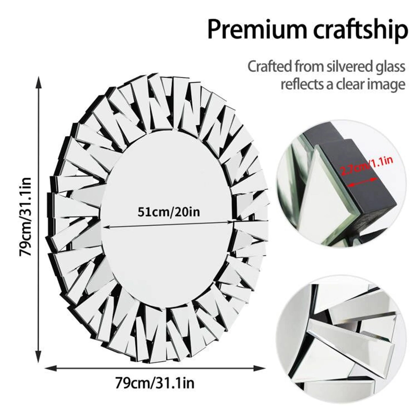 Sunburst Decorative Round Wall Mirror Silver Beveled Glass