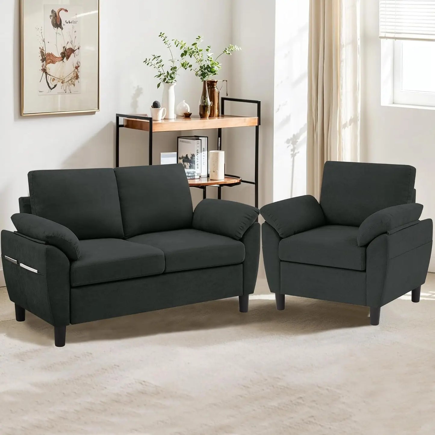 Two-Piece Linen Sectional Loveseat And Chair Set For Living Room