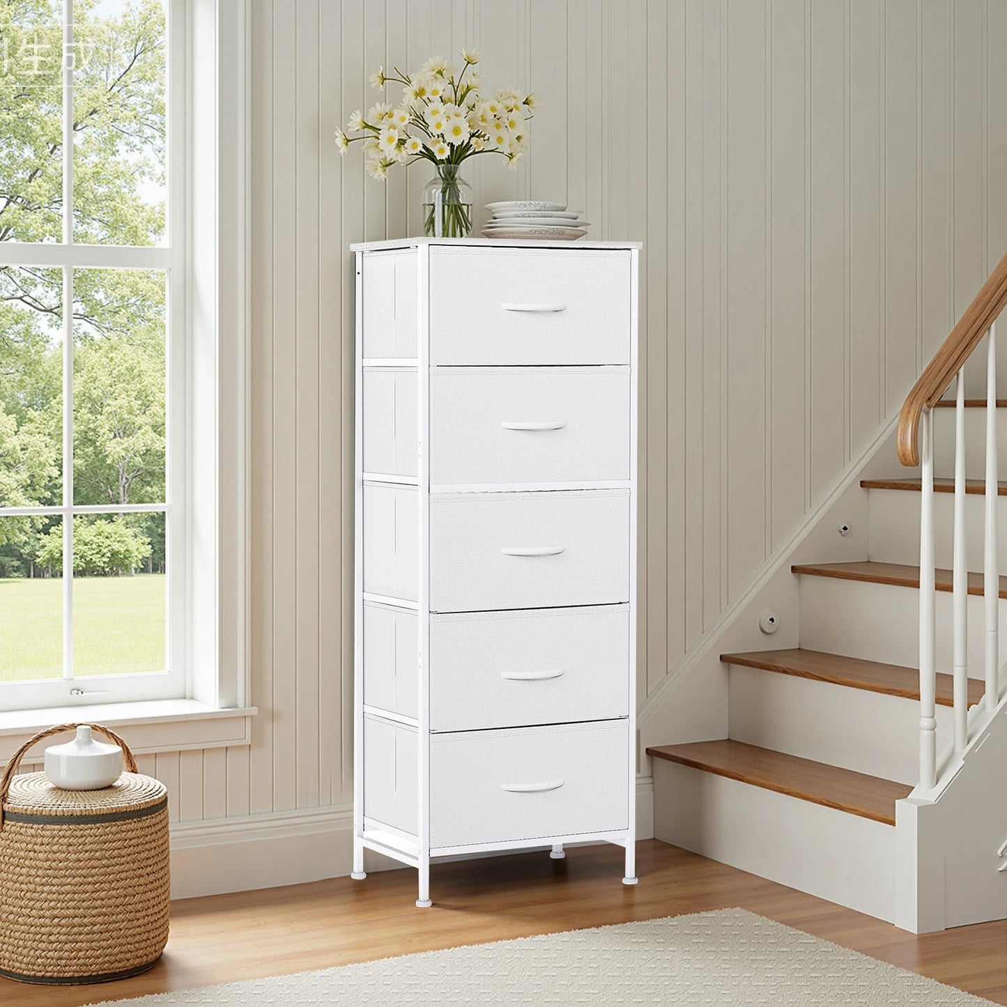 JHK Dresser With Five Fabric Drawers Bedroom Storage Cabinet