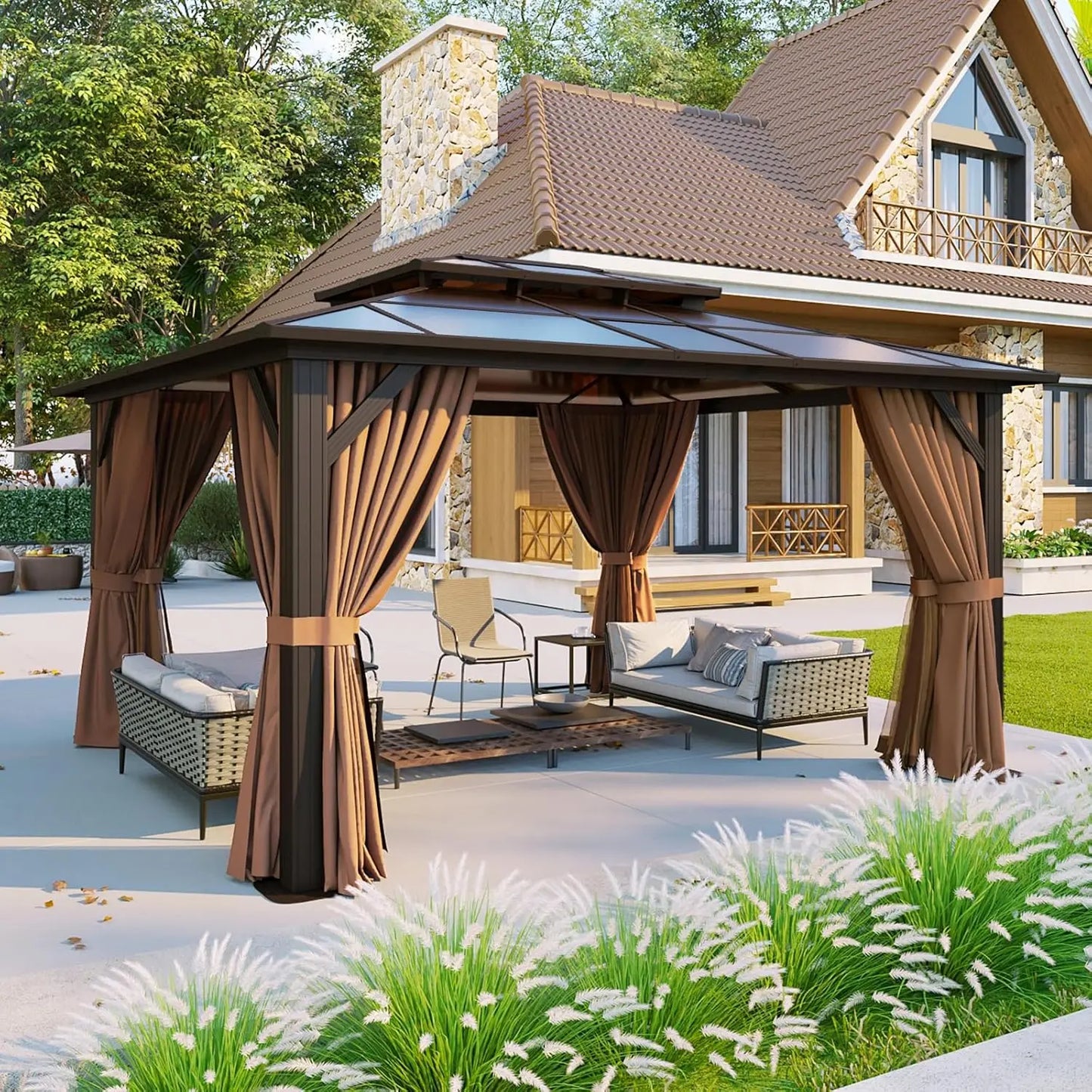 Aluminum Frame Gazebo With Polycarbonate Double Roof And Curtains Netting