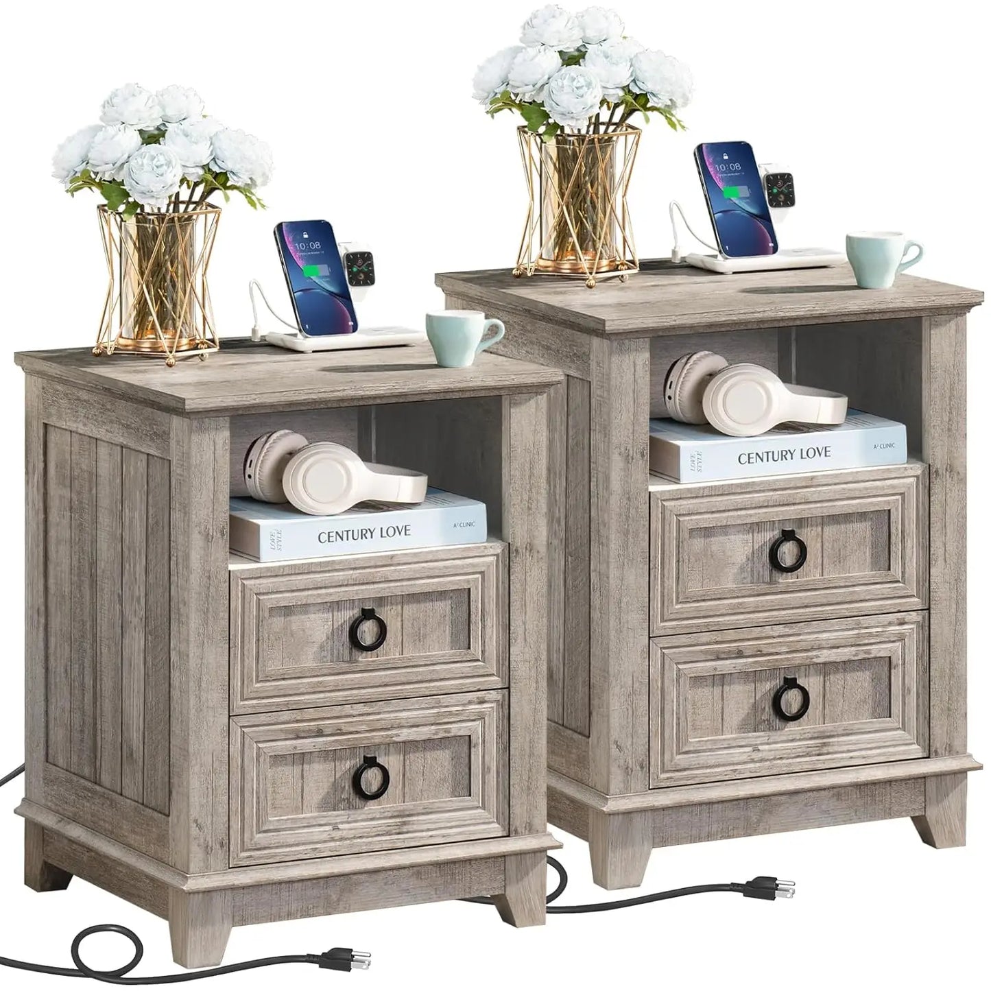 Farmhouse Night Stands Set 2 With Charging Station And Drawers