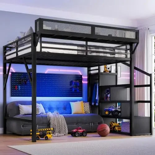 Queen Loft Bed With Stairs Storage Wardrobe USB Ports LED