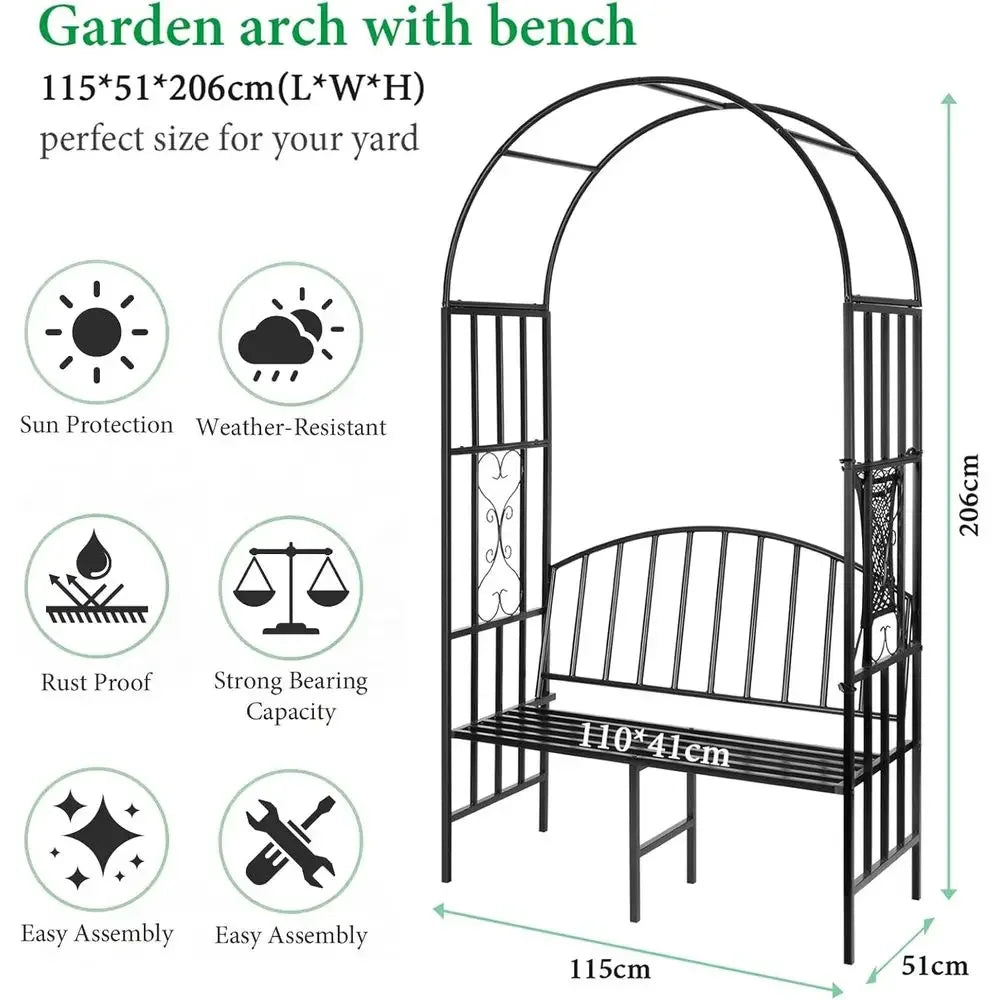 Metal Garden Arch With Bench For Climbing Plants And Seating