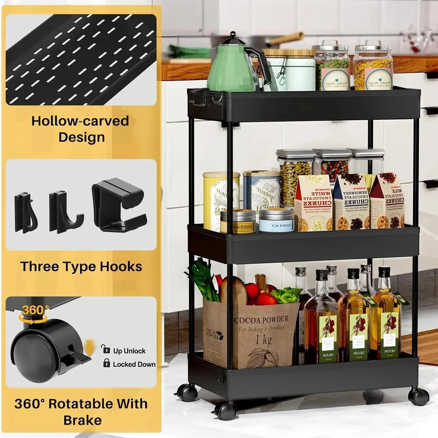 Rolling Storage Cart 3 Tier Organizer For Kitchen Office Bathroom