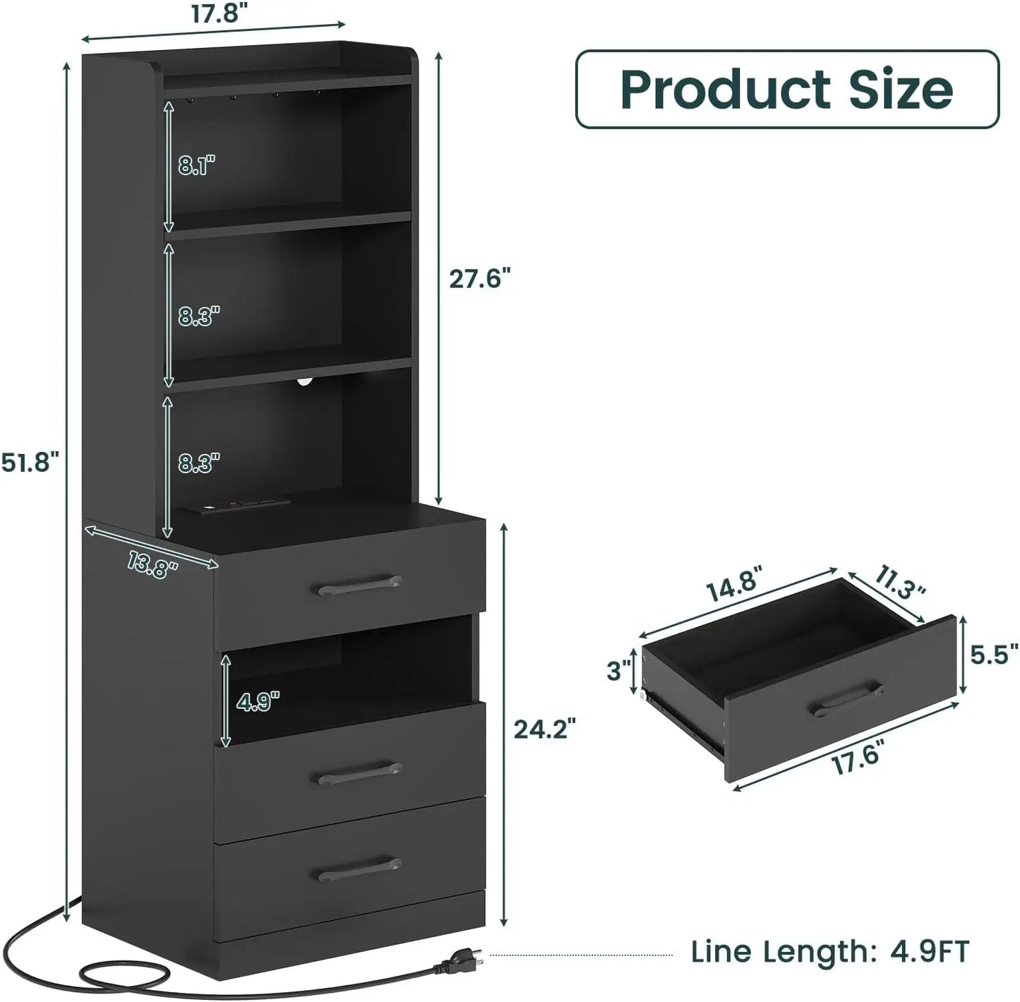 AOGLLATI Tall Nightstand With Charging Station And LED Lights