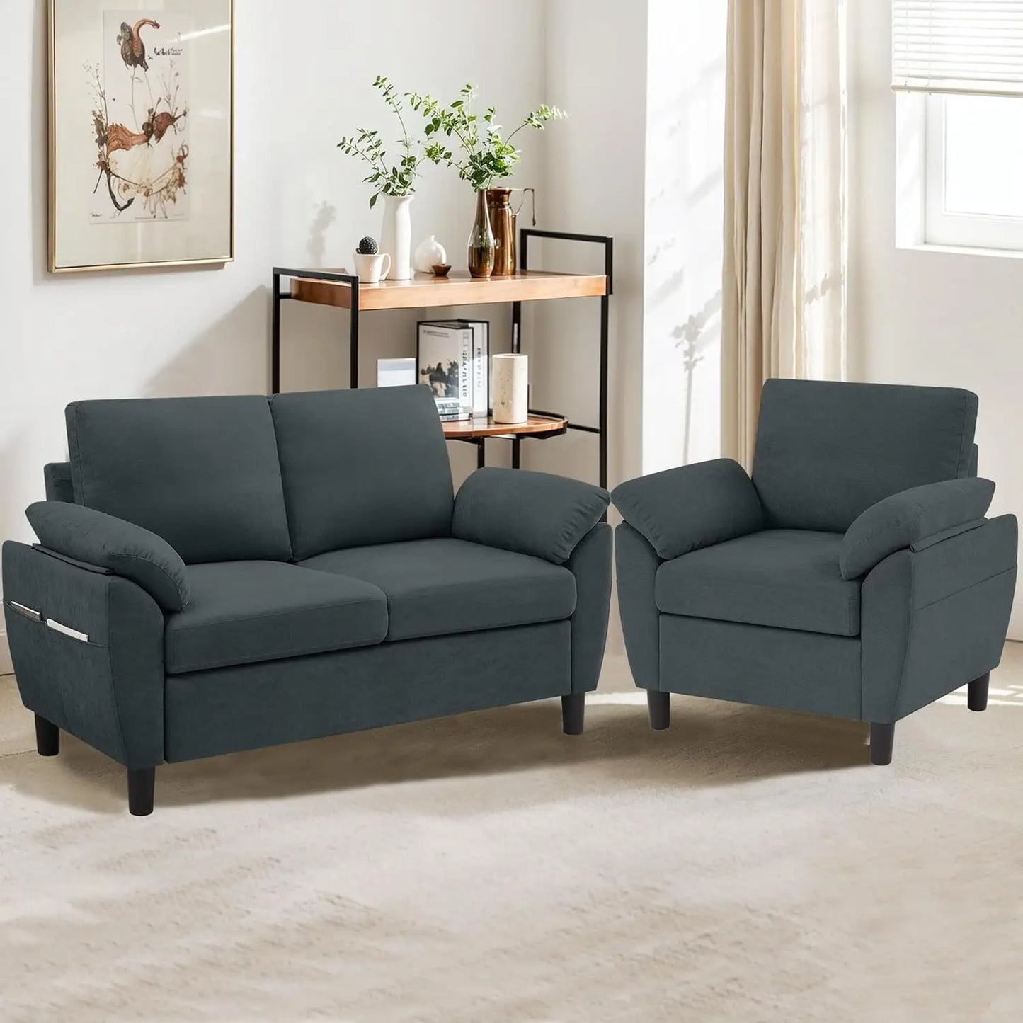 Two-Piece Linen Sectional Loveseat And Chair Set For Living Room