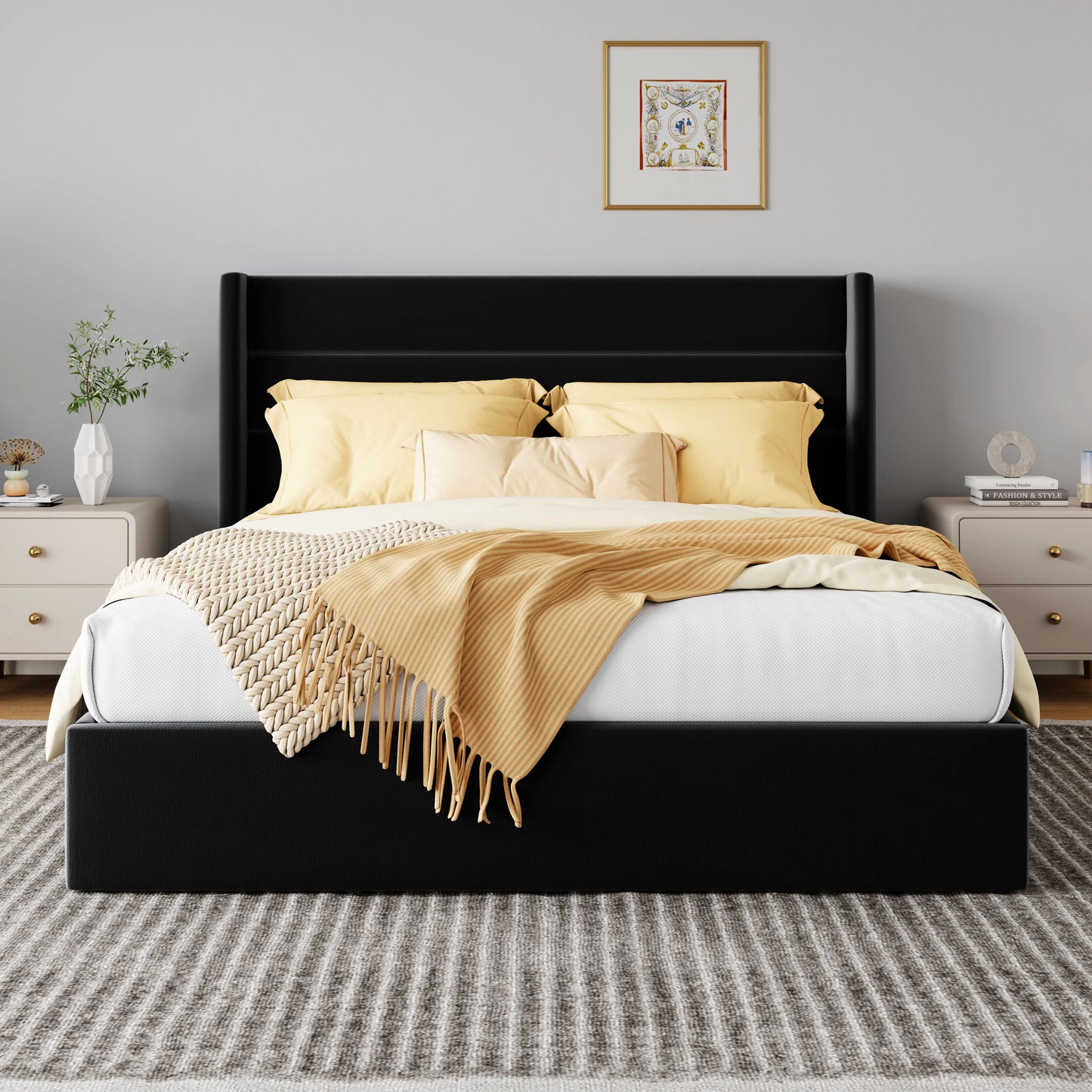 Allewie Lift Up Storage Bed With Wingback Headboard And Hydraulic System