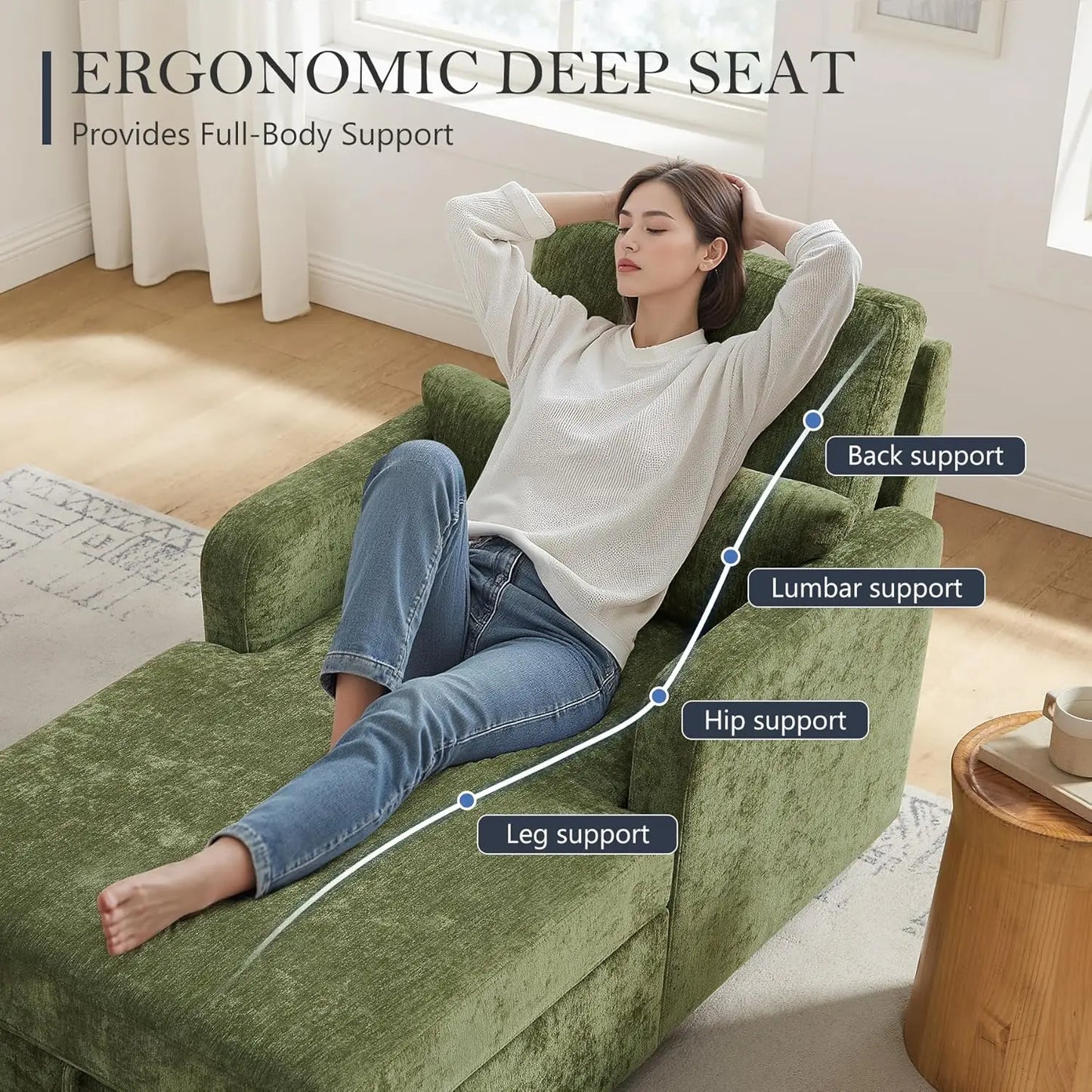 Chenille Chaise Lounge Chair Indoor With Adjustable Backrest And Storage