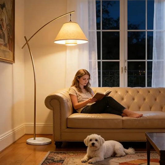 Arc Floor Lamp For Living Room With Double Linen Shade