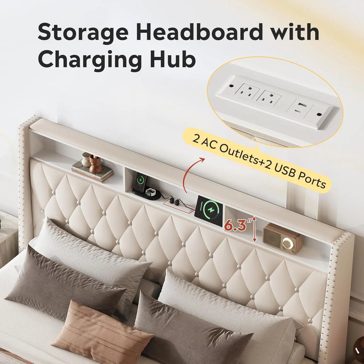 Upholstered Velvet Bed Frame With Wingback Headboard And Charging Station