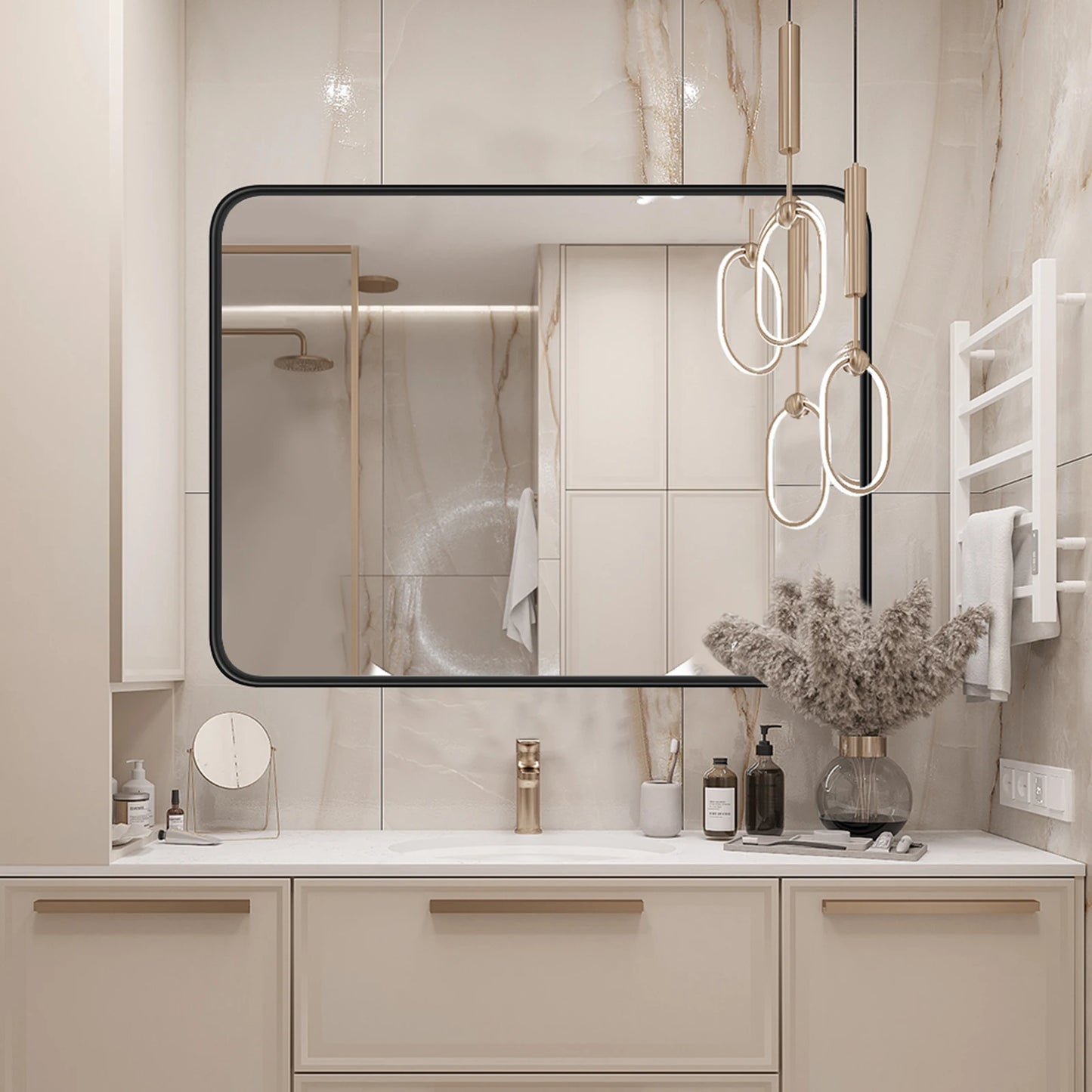 JHK Matte Metal Framed Bathroom Mirror Rectangular With Rounded Corner