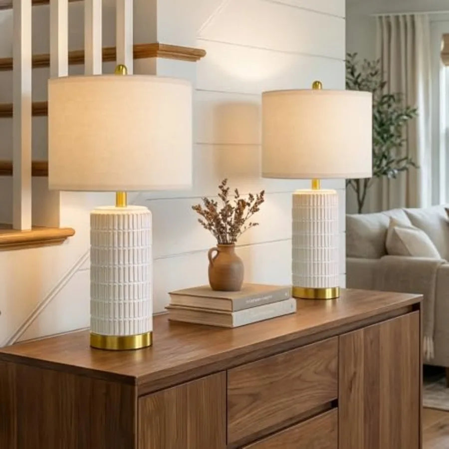 Set Of 2 Modern Ceramic Nightstand Lamps With Gold Bases