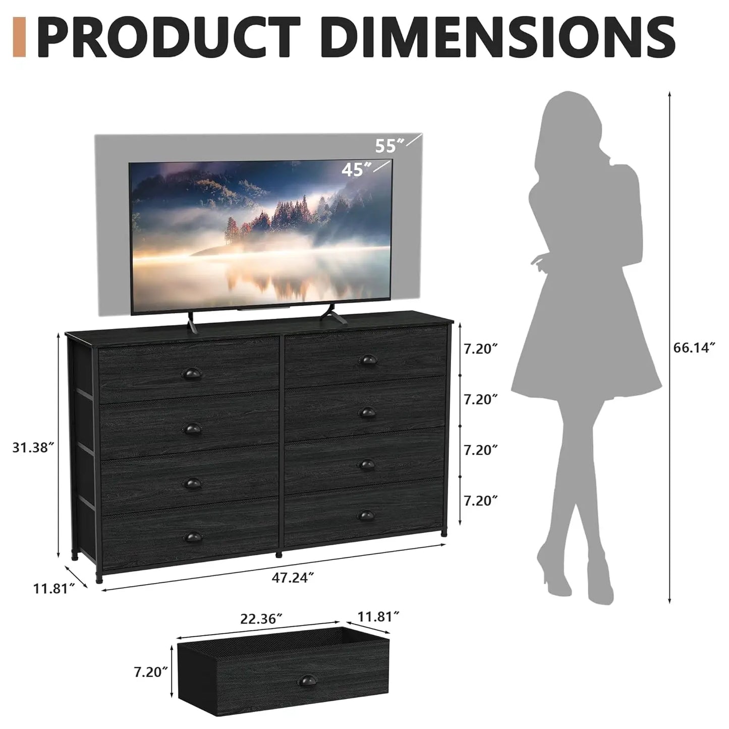 Wide Dresser with 8 Fabric Drawers, TV Entertainment Center with Storage for 55'' TV, Large Chest of Drawers for, Customized
