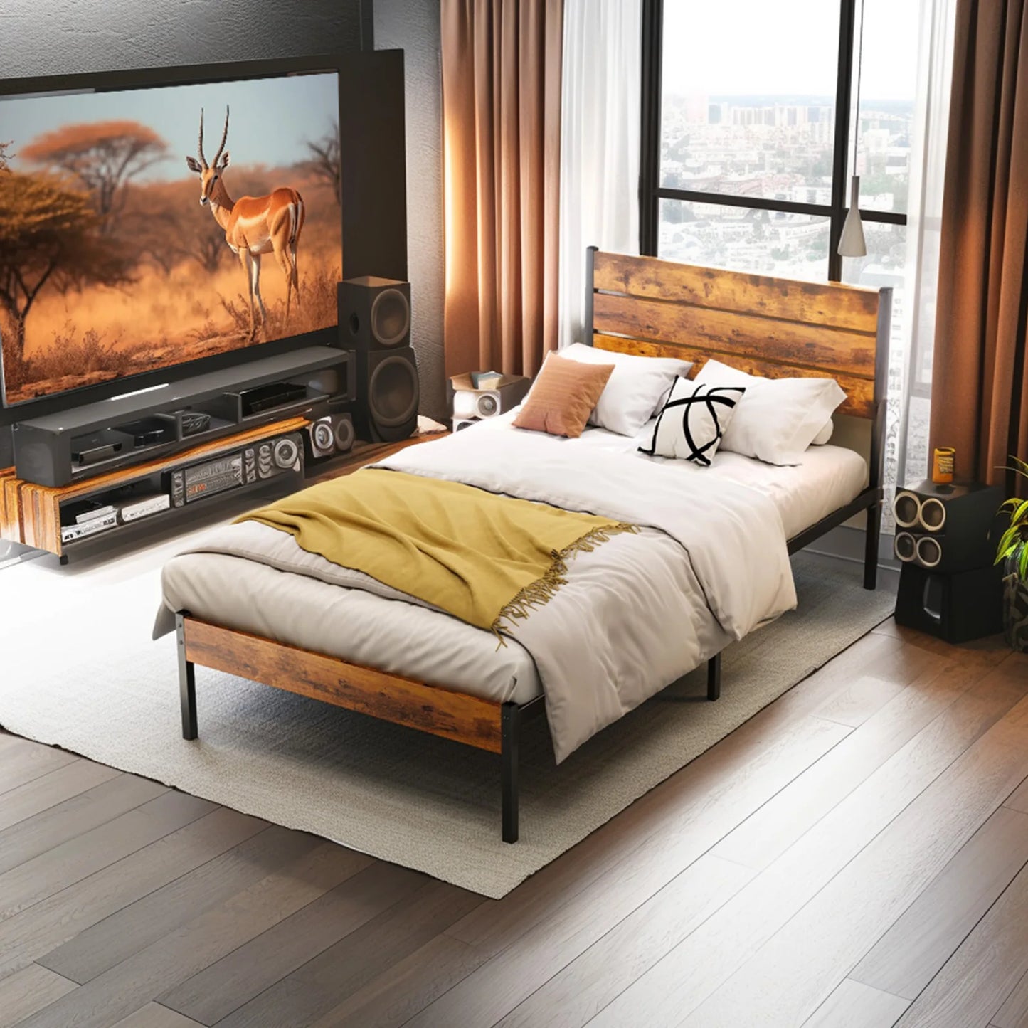 JHK Metal Platform Bed Frame With Headboard And Footboard Sturdy Slats
