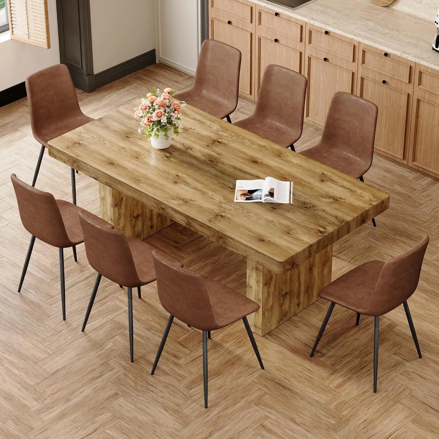 GUOHE Modern Farmhouse Dining Table Set With Faux Leather Chairs