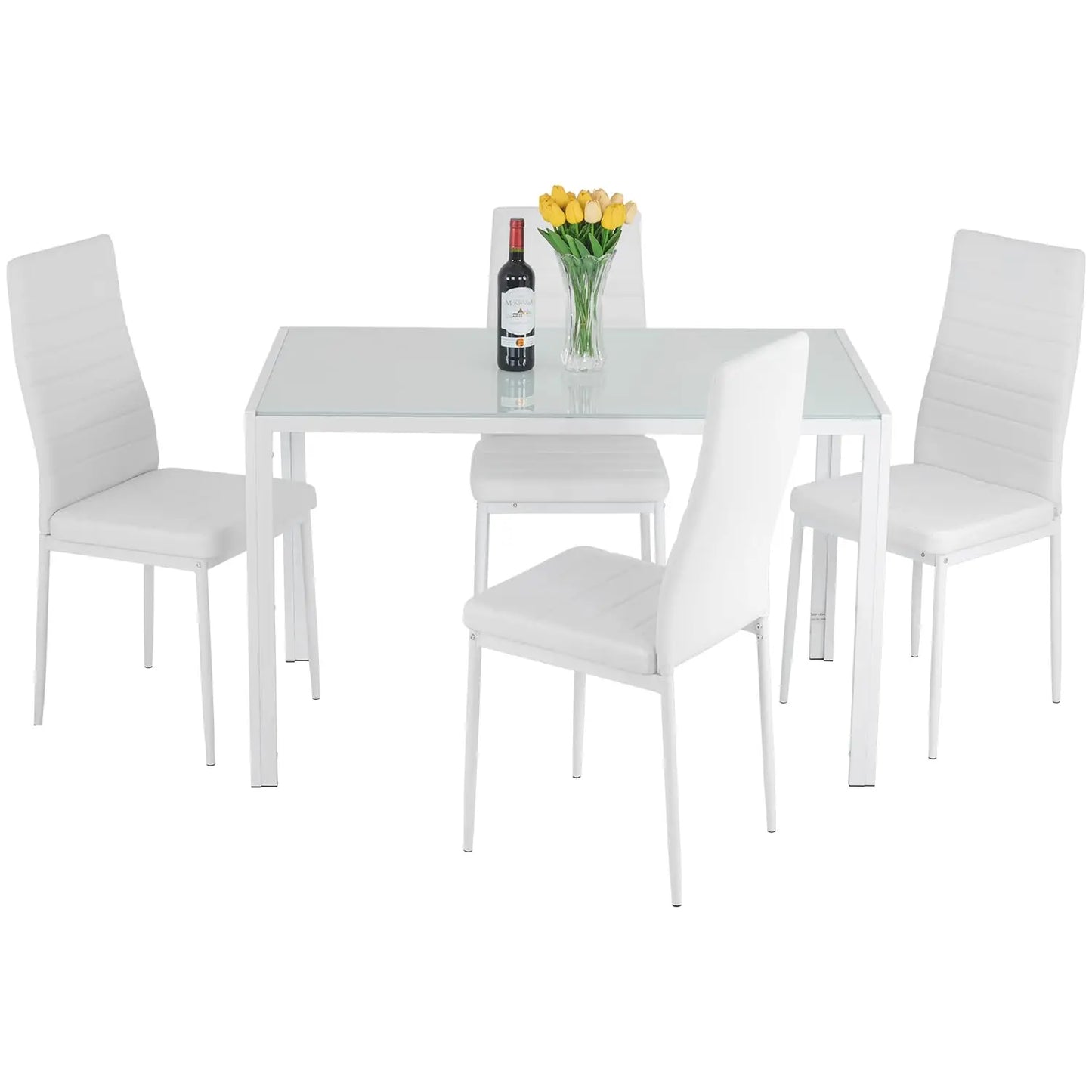 FDW 5-Piece Glass Top Dining Table Set with Upholstered Chairs