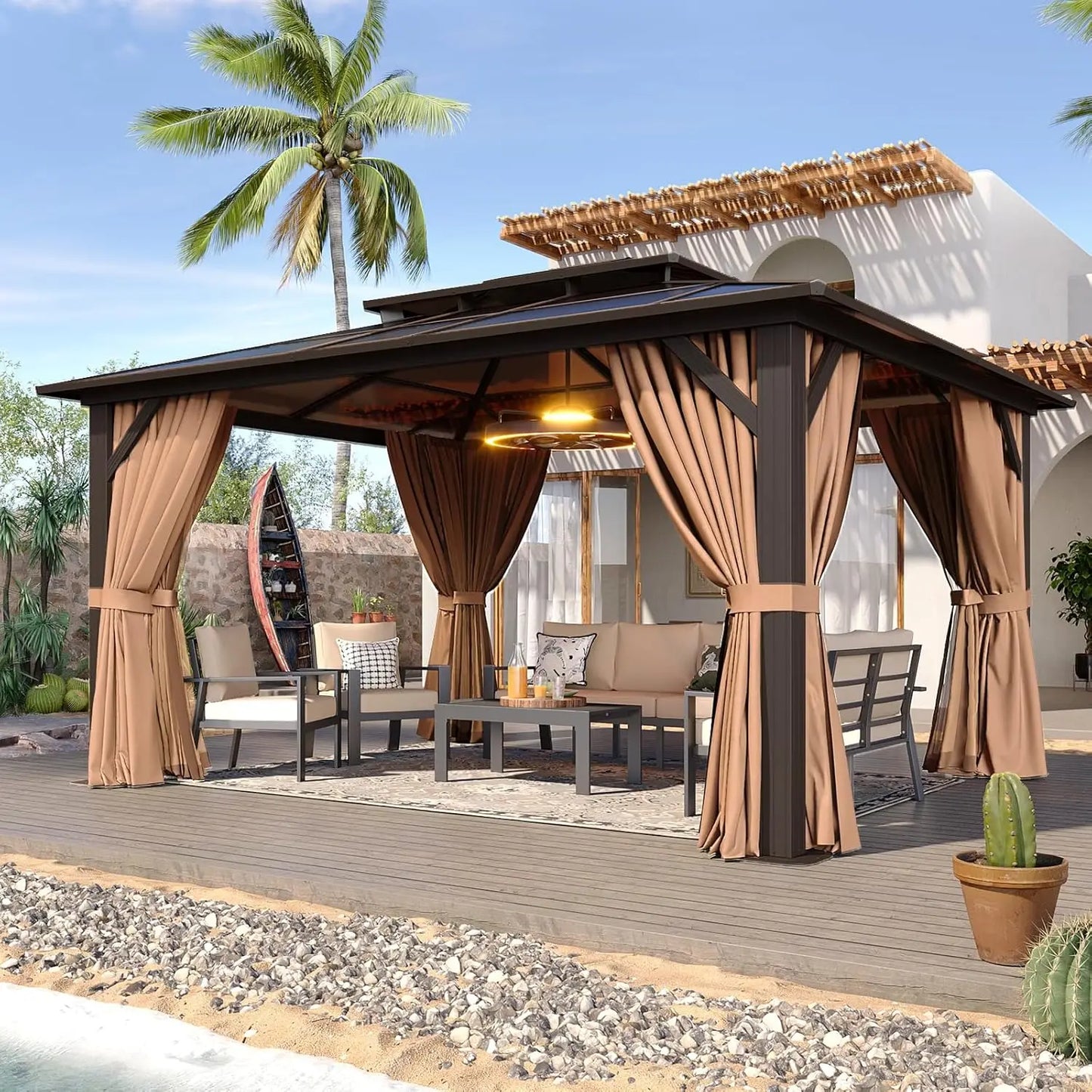 Aluminum Frame Gazebo With Polycarbonate Double Roof And Curtains Netting