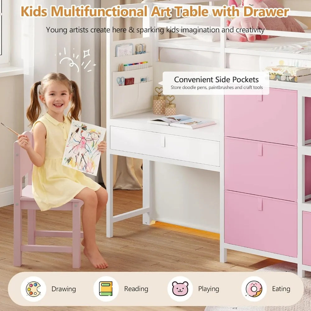 Kids Low Loft Bed With Desk Led Lights Storage Drawers