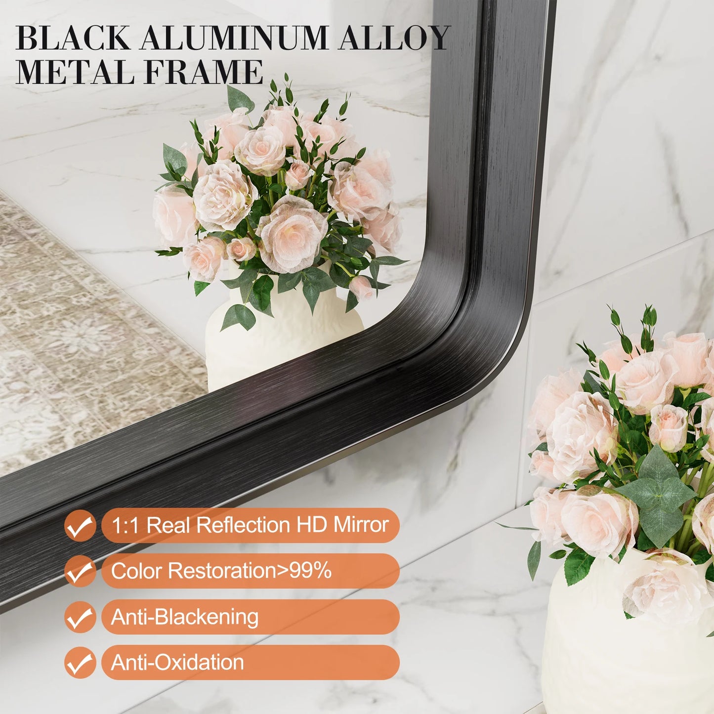 JHK Matte Metal Framed Bathroom Mirror Rectangular With Rounded Corner
