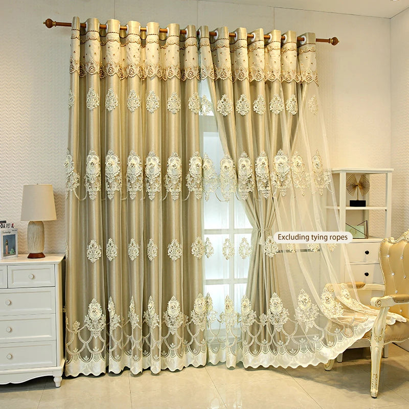 Elegant Double Layer Blackout Curtains With 3D Embroidery