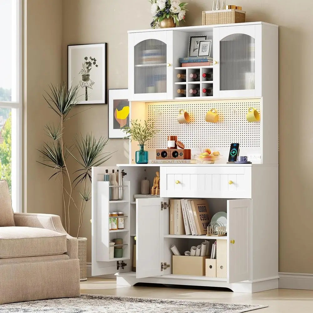 68 Kitchen Pantry Cabinet with Microwave Shelf, Door Storage, LED Lighting, and Wine Rack