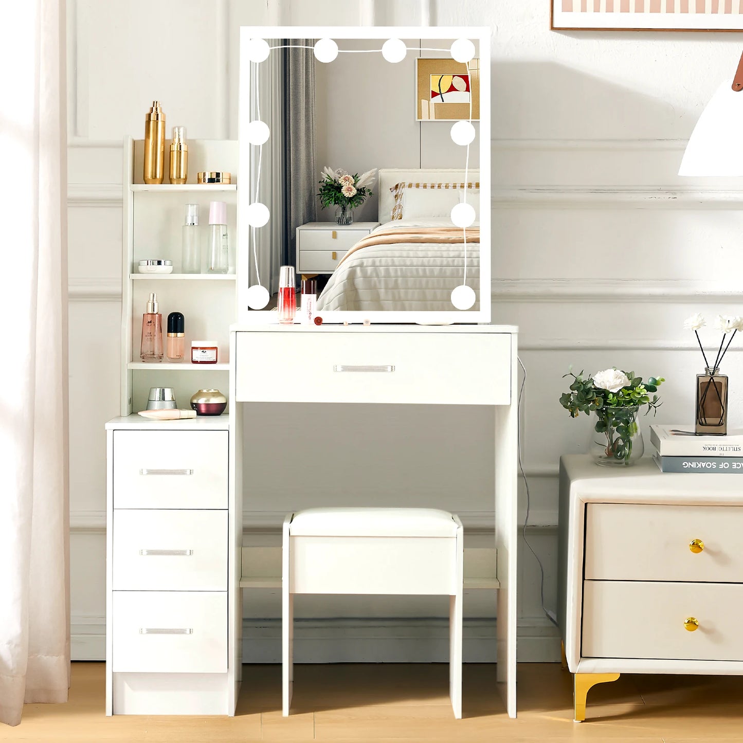 Yamissi LED Vanity Table With Sliding Mirror 4 Drawer Desk