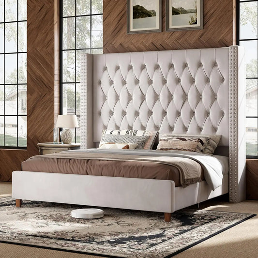 Velvet Platform Bed Frame With Tufted Headboard No Box Spring