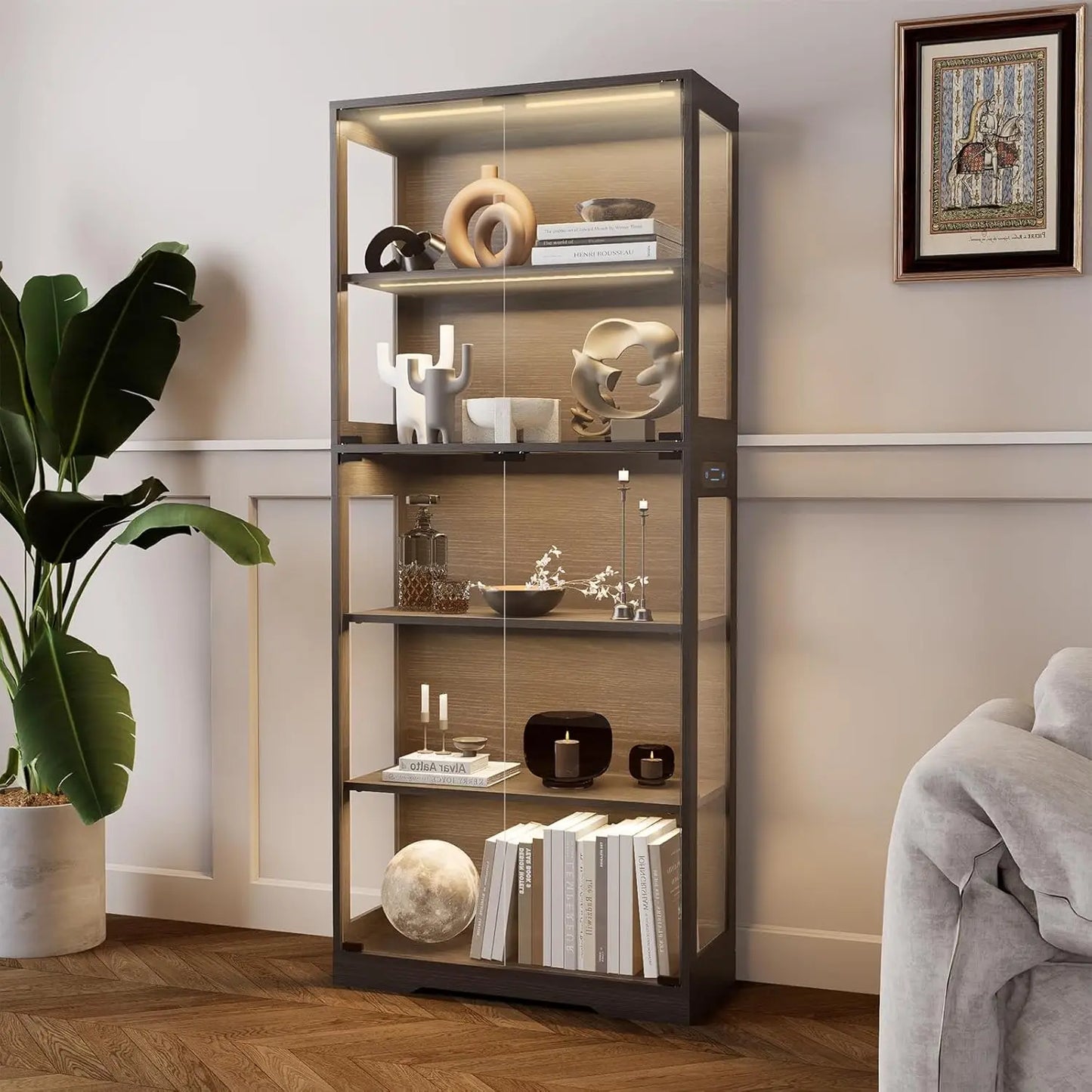 ZHILU 5-Tier Glass Display Cabinet With Motion Sensor LED Lights