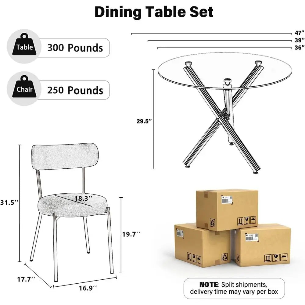 Round Glass Dining Table Set With Boucle Upholstered Chairs 5 Piece