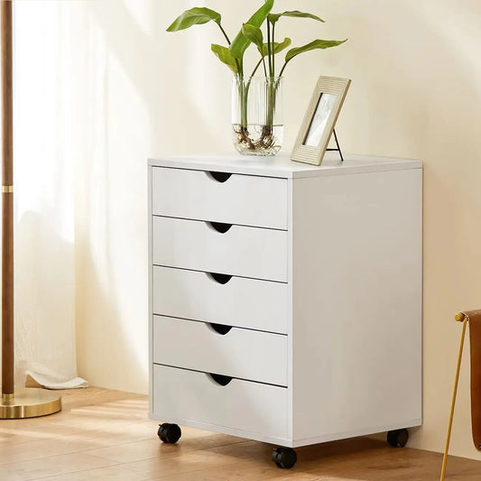 JHK Wood Nightstand 5 Drawer With Wheels Storage Organizer