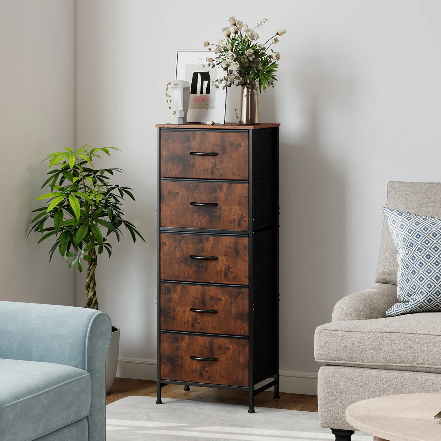 JHK Dresser With Five Fabric Drawers Bedroom Storage Cabinet