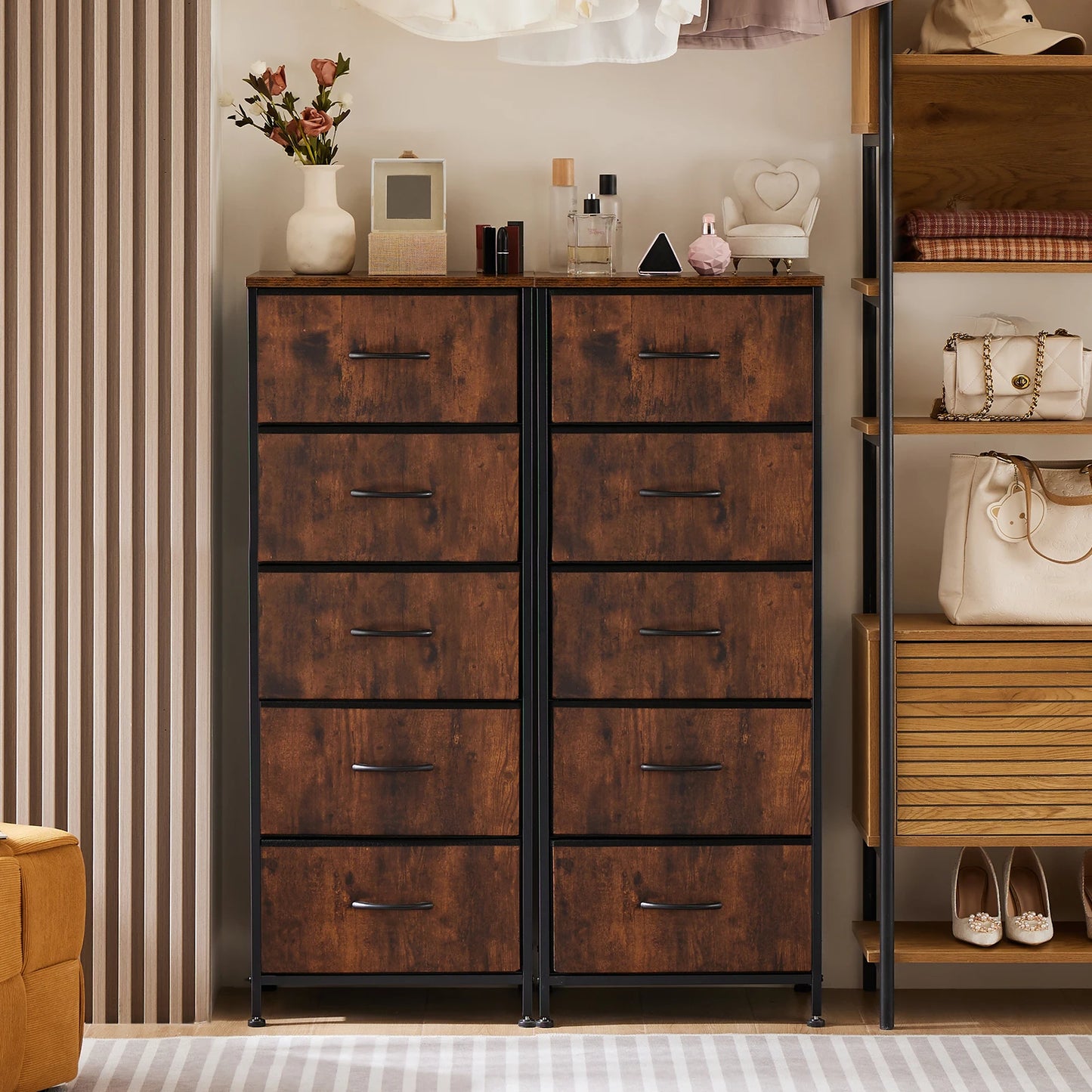 JHK Dresser With Five Fabric Drawers Bedroom Storage Cabinet