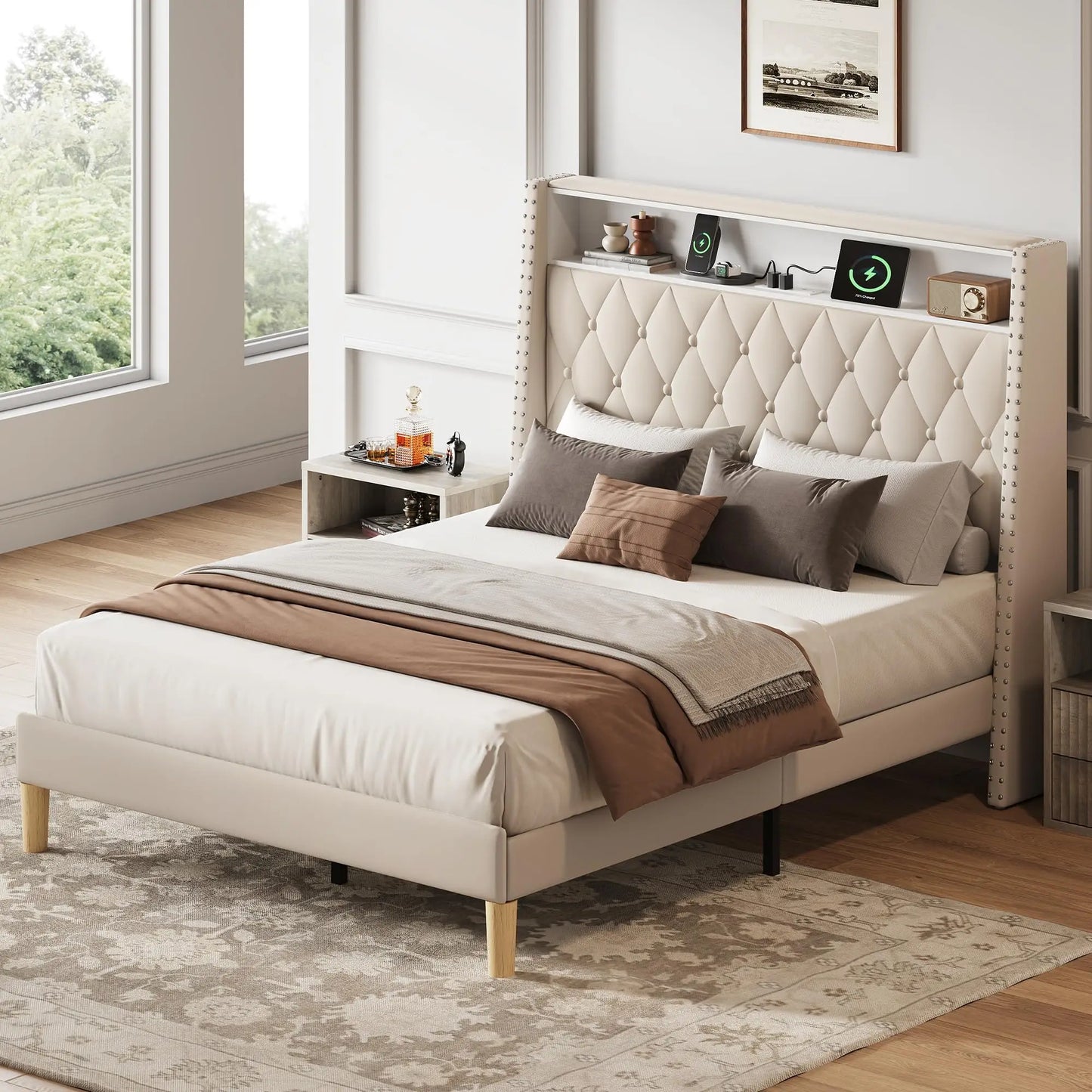 Upholstered Velvet Bed Frame With Wingback Headboard And Charging Station