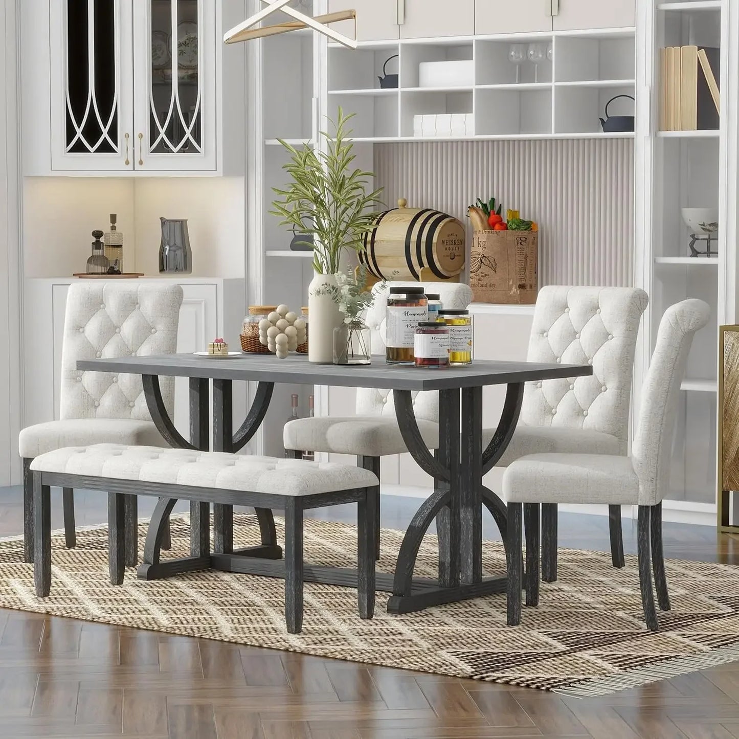 Solid Wood Dining Table Set for Six Bench and Chairs