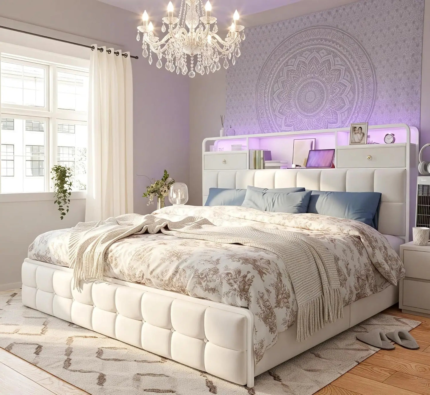 Queen Bed Frame With Storage Drawers And LED Lights