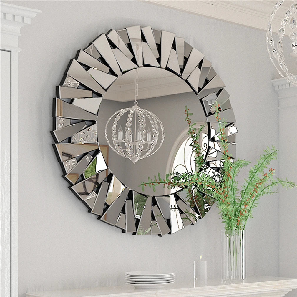 Sunburst Decorative Round Wall Mirror Silver Beveled Glass