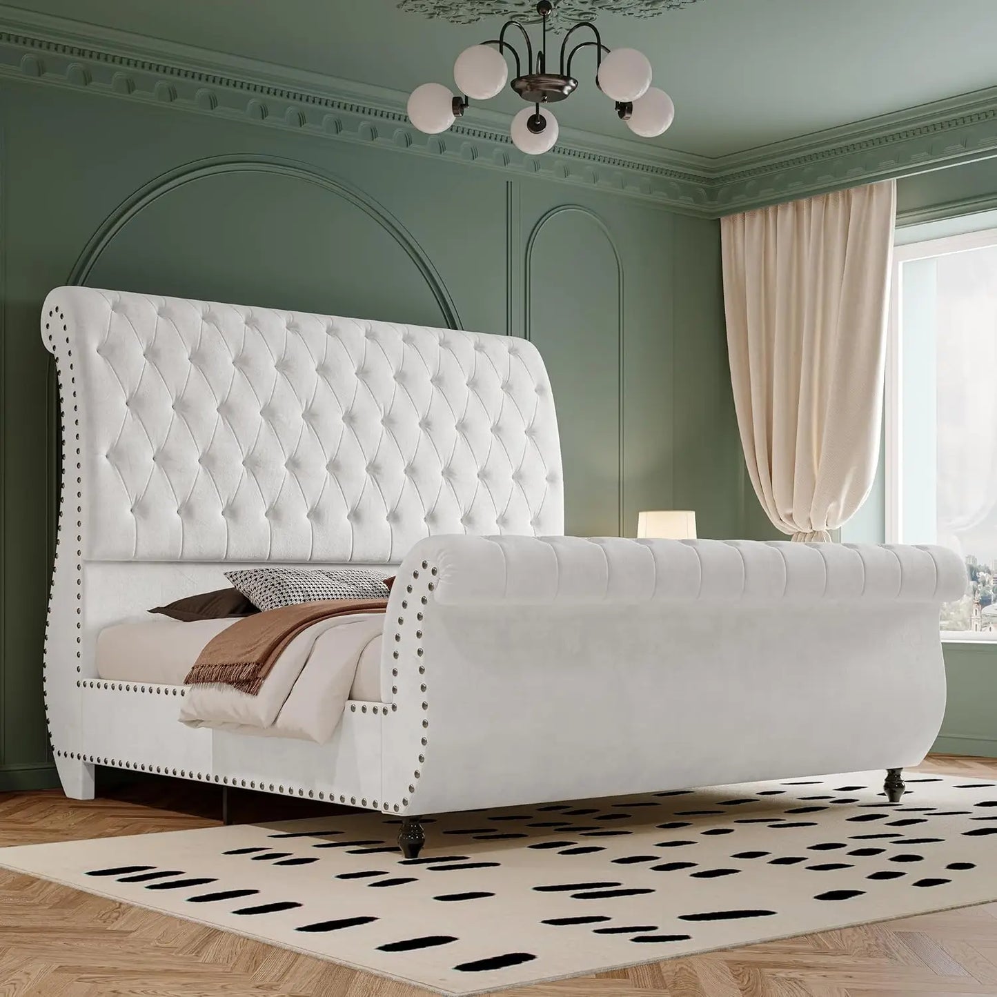 Velvet Upholstered Queen Bed Frame With Tufted Headboard And Footboard