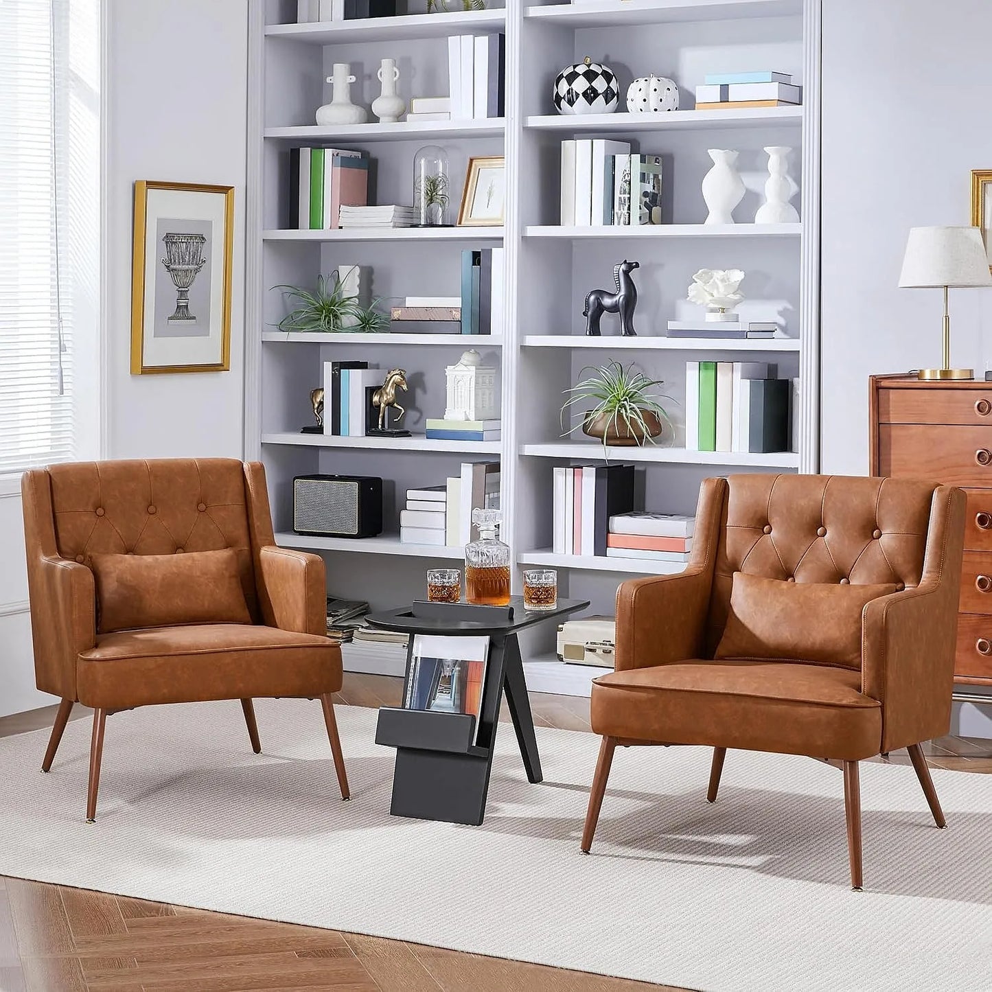 2PCS Mid Century PU Leather Accent Chair with Lumbar Pillow, Comfy Upholstered Armchair for Living Room Bedroom Brown