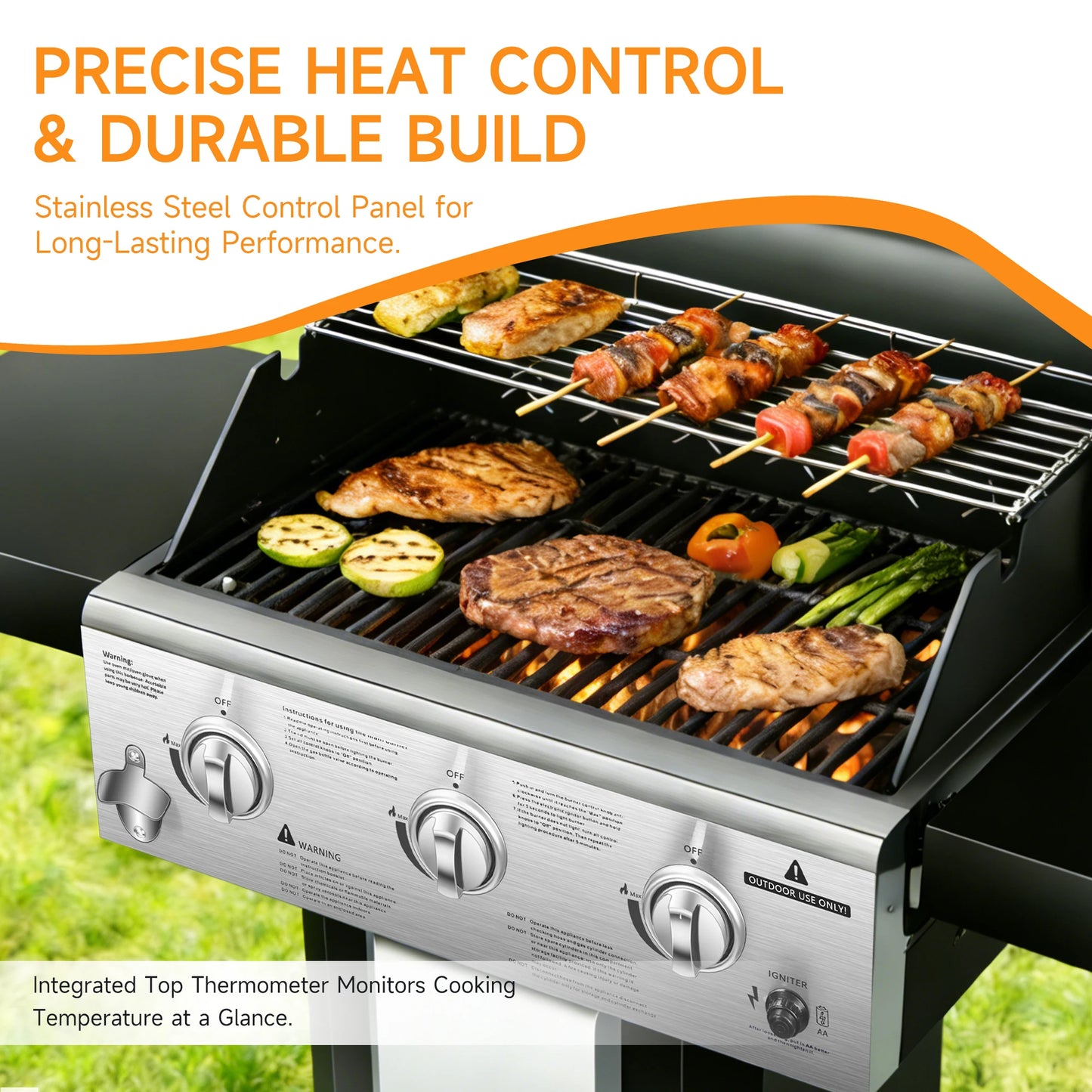 3-Burner Propane Gas Grill With Warming Rack And Wheels