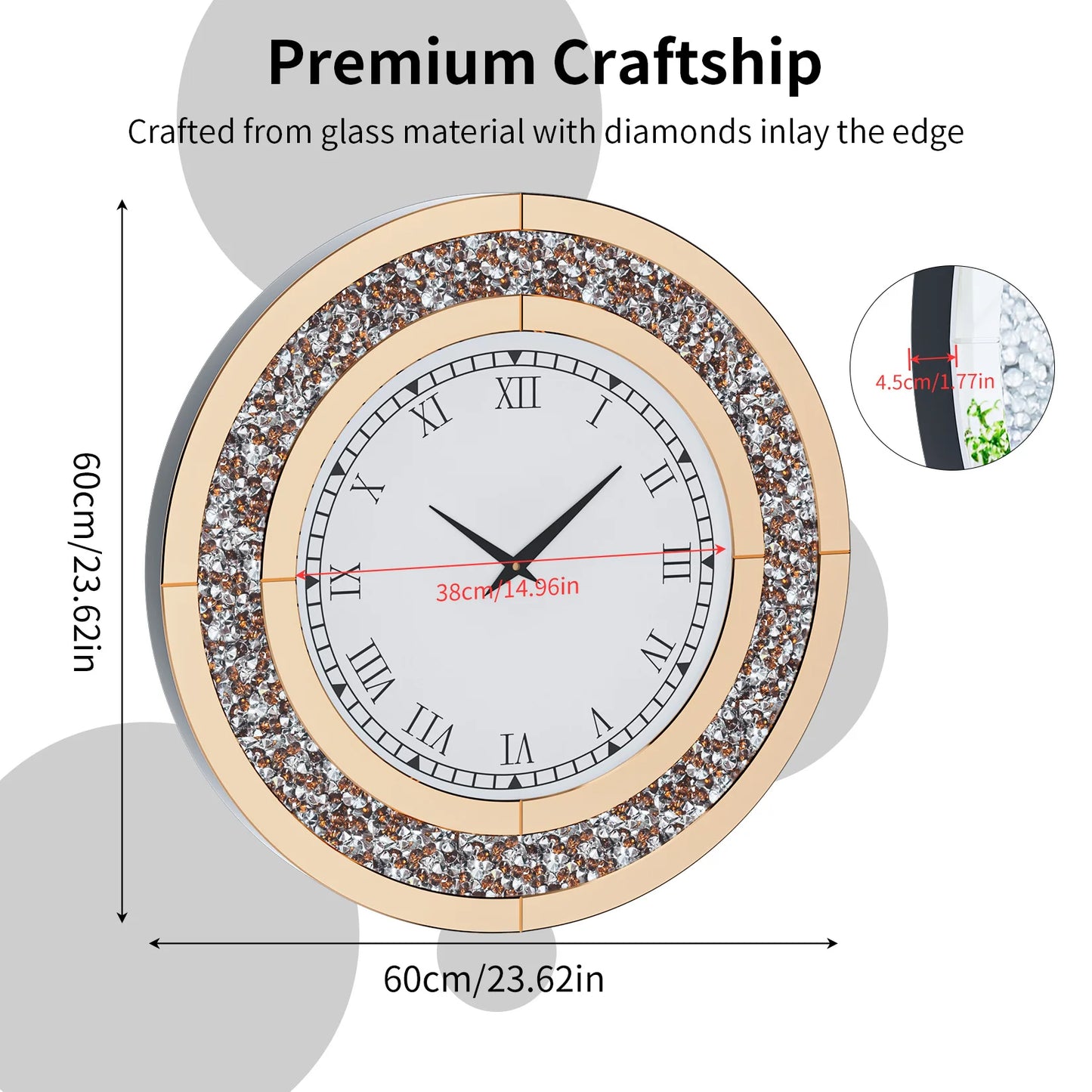 Round Mirror Clock With Crystal Sparkle Accents For Wall Decor
